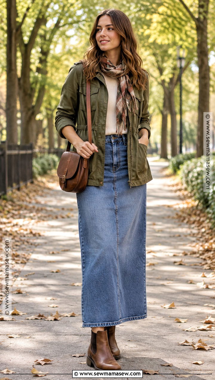Long Jean Skirt With Utility Jacket And Chelsea Boots - 25 long jean skirt outfits fall