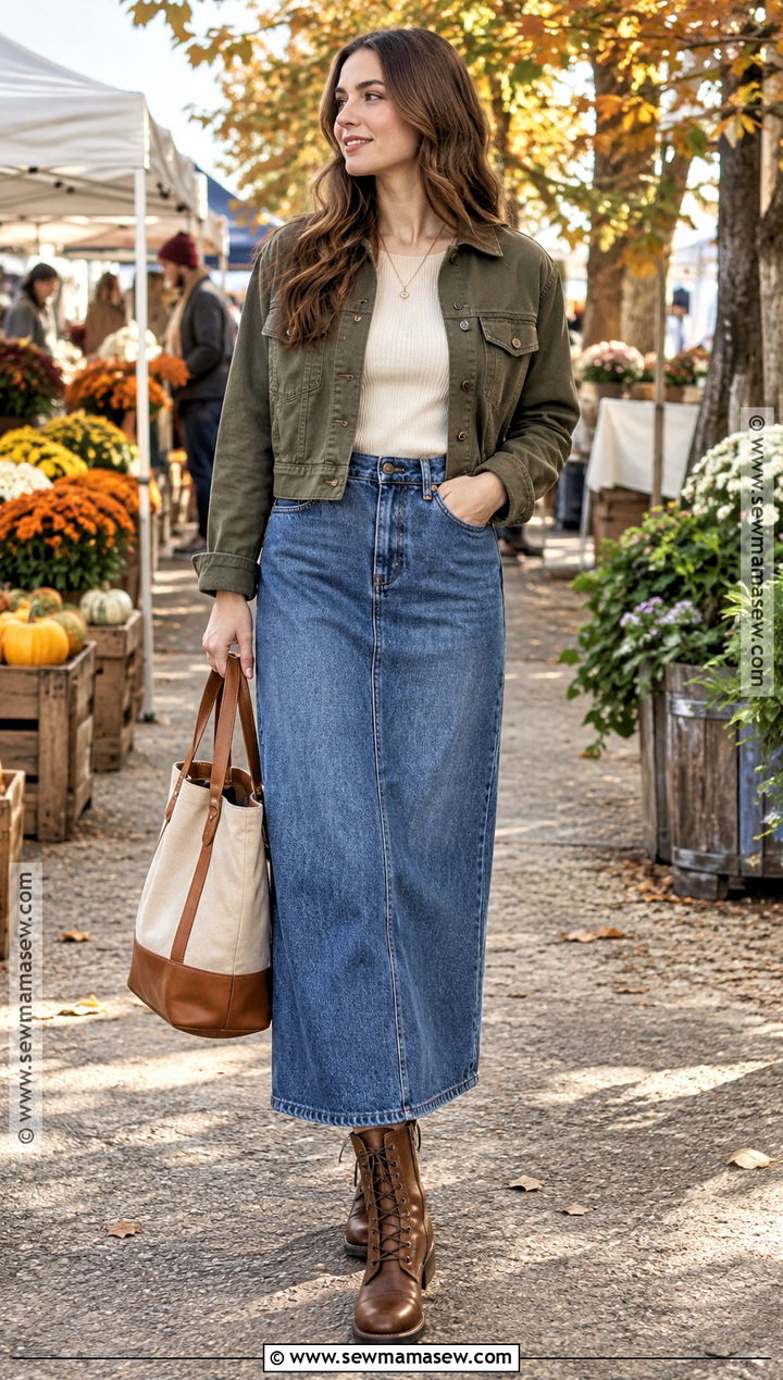 Long Jean Skirt With Utility Jacket And Lace Up Boots - 20 Long Jean Skirt Fall Outfits