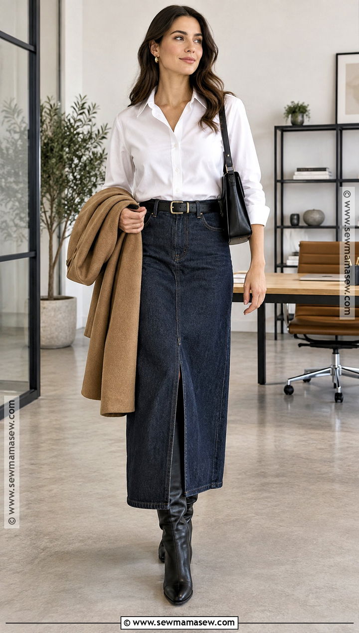 Long Jean Skirt With White Button Down And Tall Boots - 25 long jean skirt outfits fall