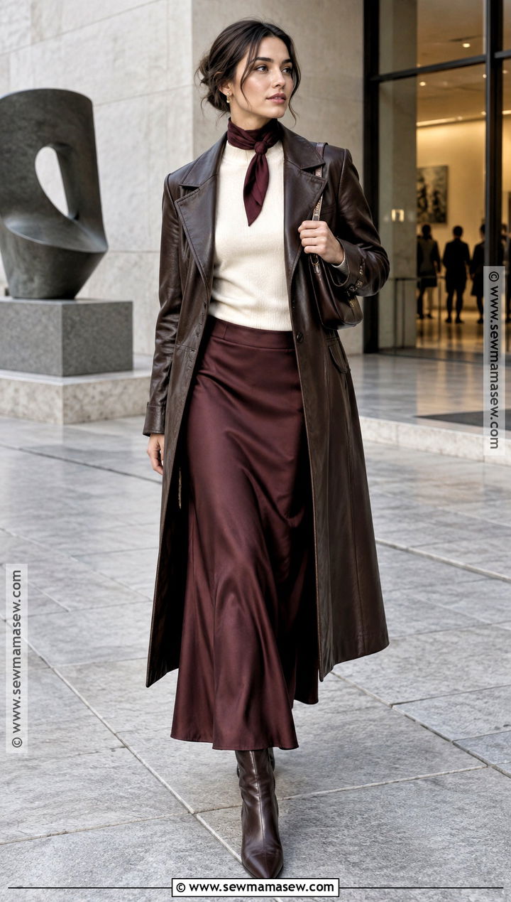 Long Leather Coat With Slip Skirt - 15 Autumn Leather Outfit Ideas