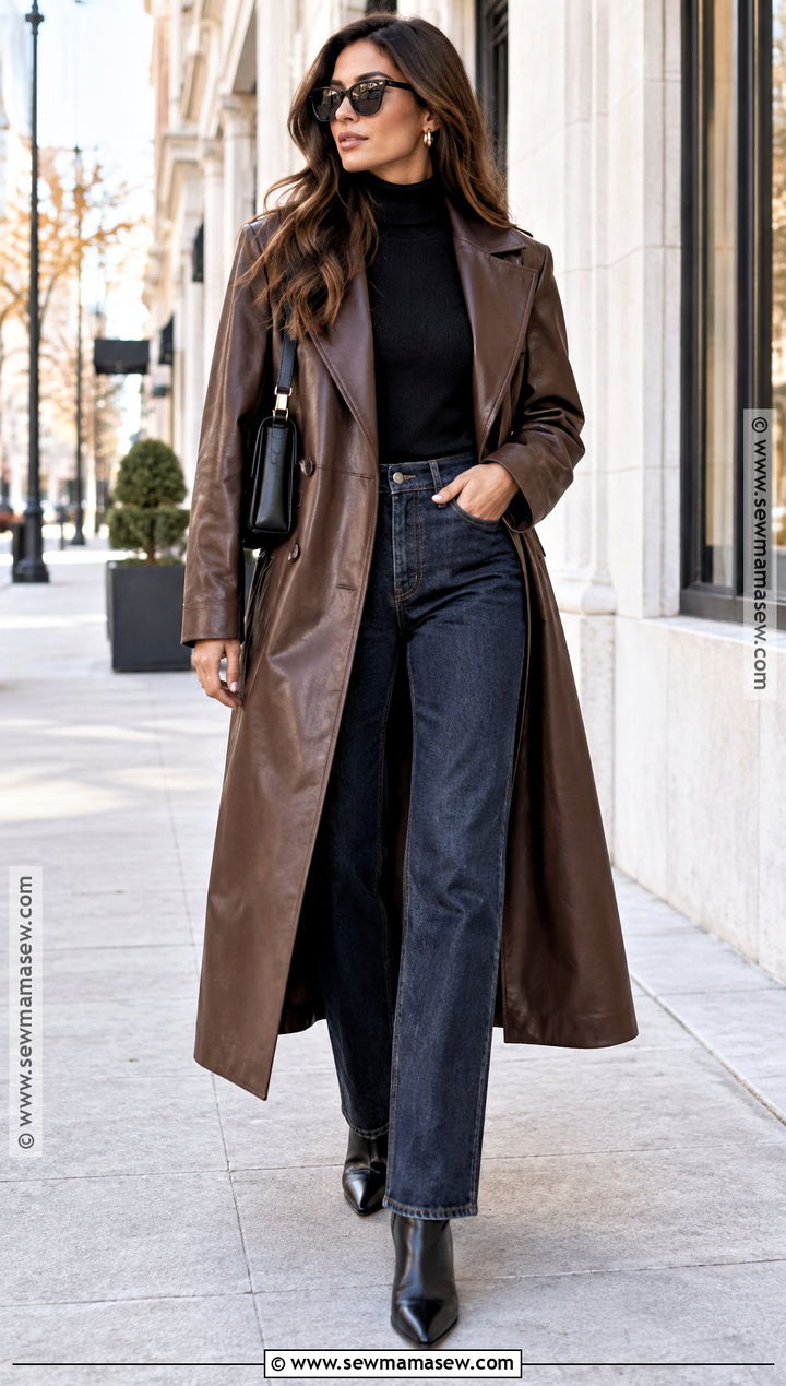 Long Leather Coat With Turtleneck and Straight Jeans - 15 fall outfit long coat ideas