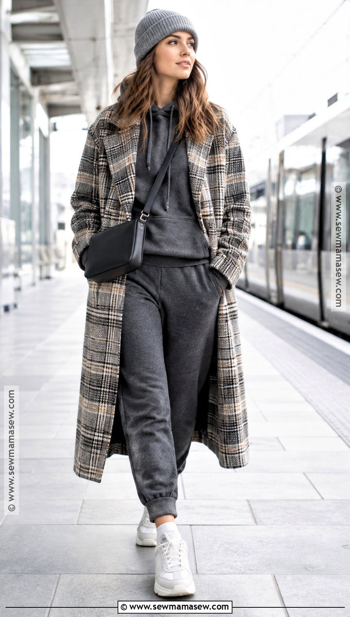 Long Plaid Coat With a Hoodie and Joggers - 15 plaid fall coat ideas