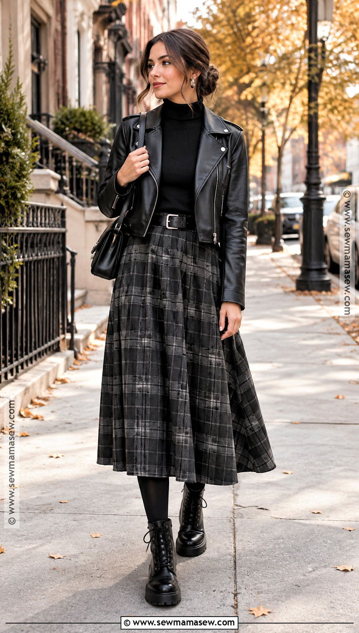 Long Plaid Skirt and Moto Jacket Fall Grunge Outfit - 15 cute fall grunge outfits