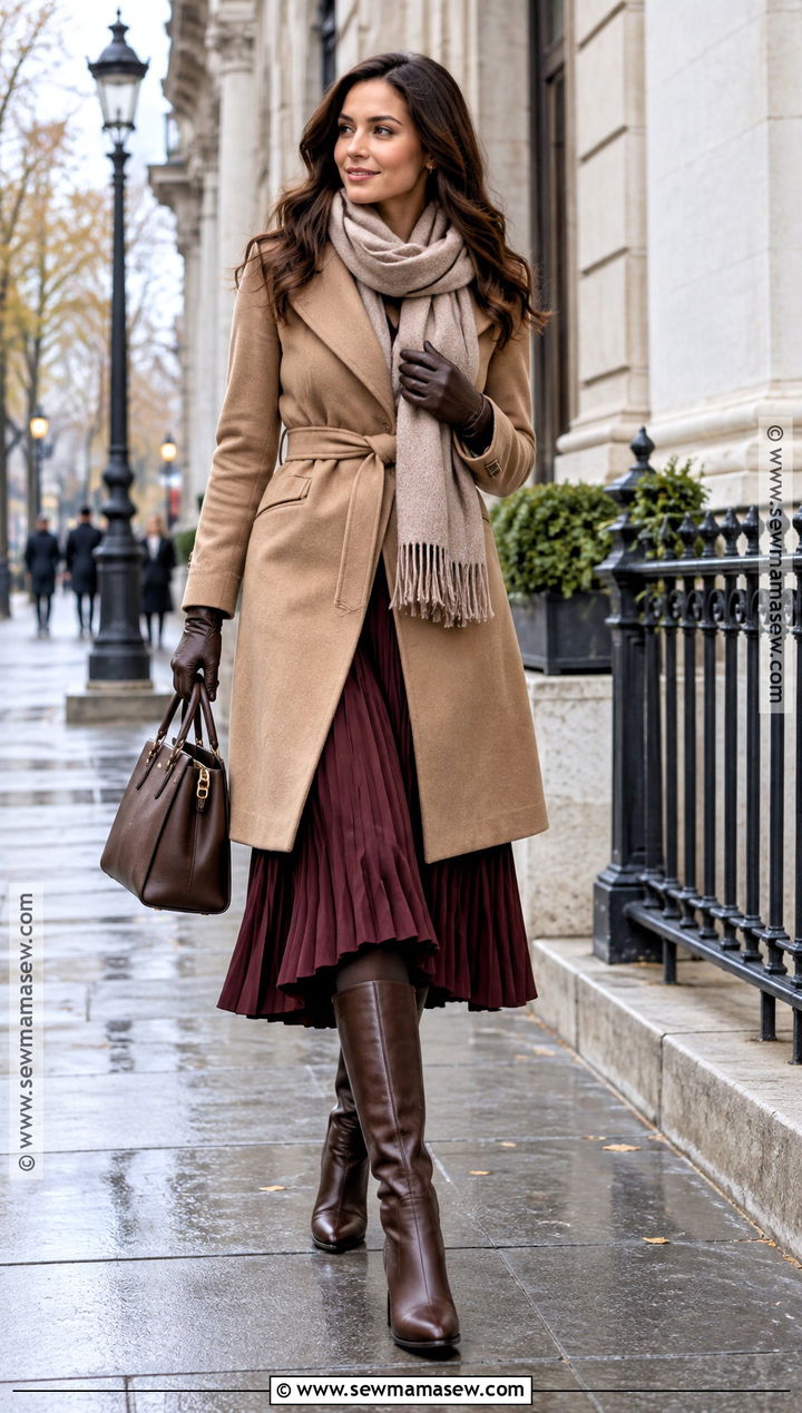 Long Pleated Skirt With Belted Coat And Tall Boots - 15 long pleated skirt outfit fall ideas