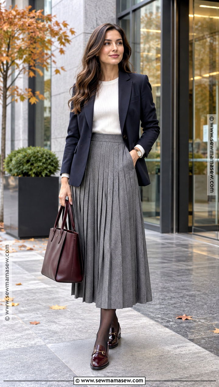 Long Pleated Skirt With Blazer And Loafers - 15 long pleated skirt outfit fall ideas
