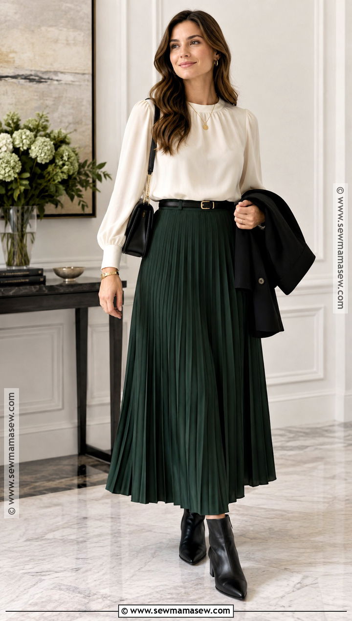 Long Pleated Skirt With Blouse And Heeled Ankle Boots - 15 long pleated skirt outfit fall ideas