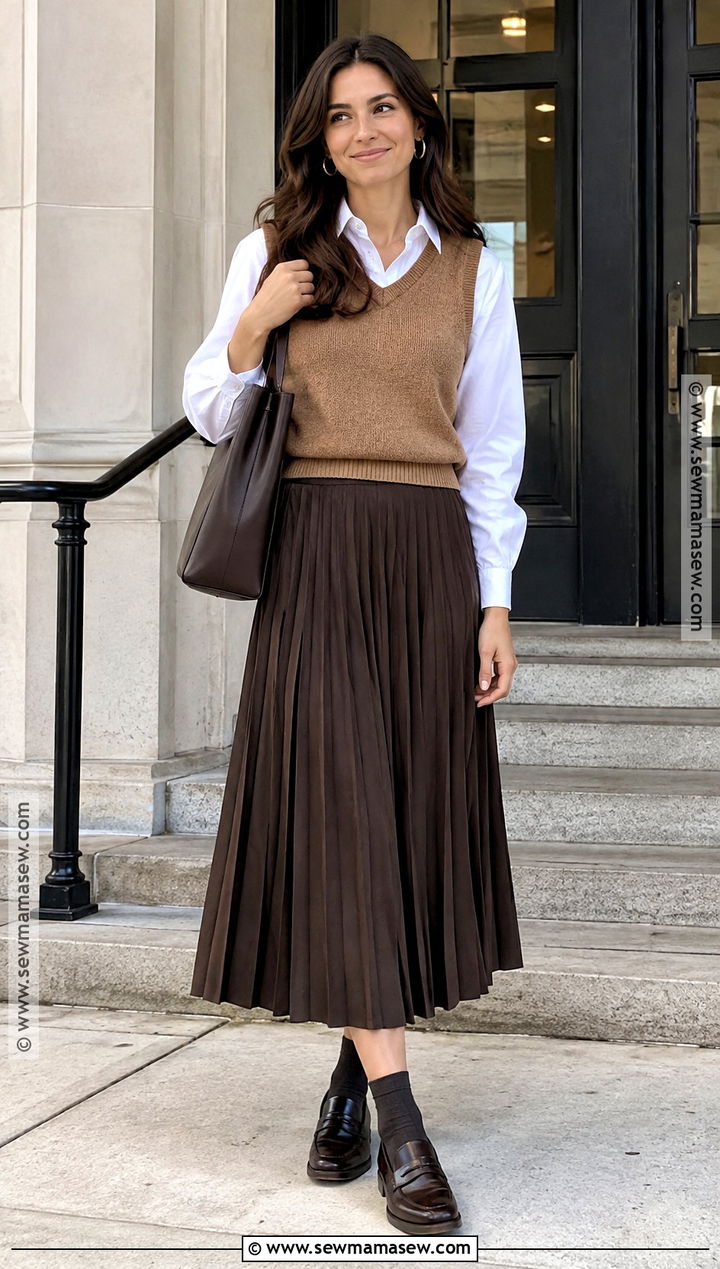 Long Pleated Skirt With Button Down Shirt And Vest - 15 long pleated skirt outfit fall ideas
