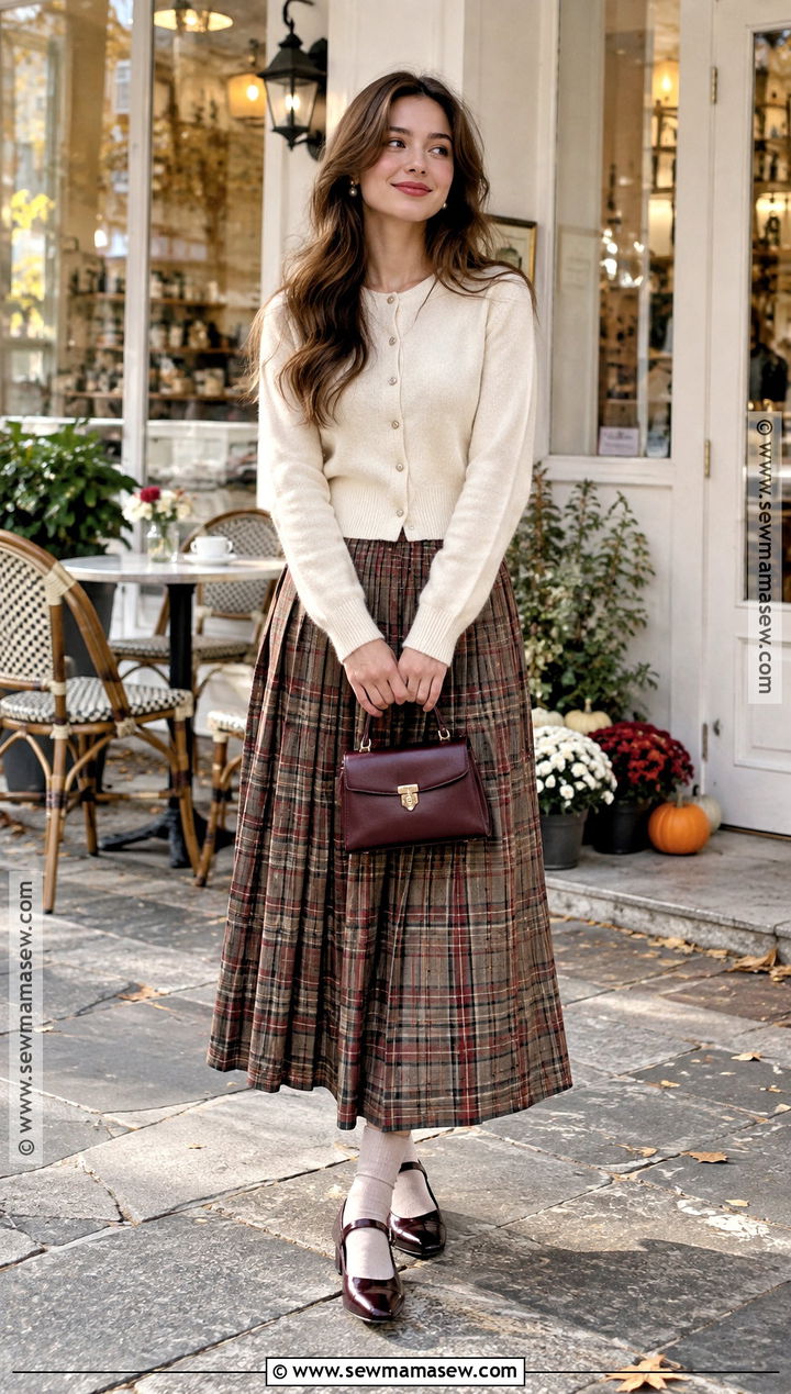 Long Pleated Skirt With Cardigan And Mary Jane Flats - 15 long pleated skirt outfit fall ideas
