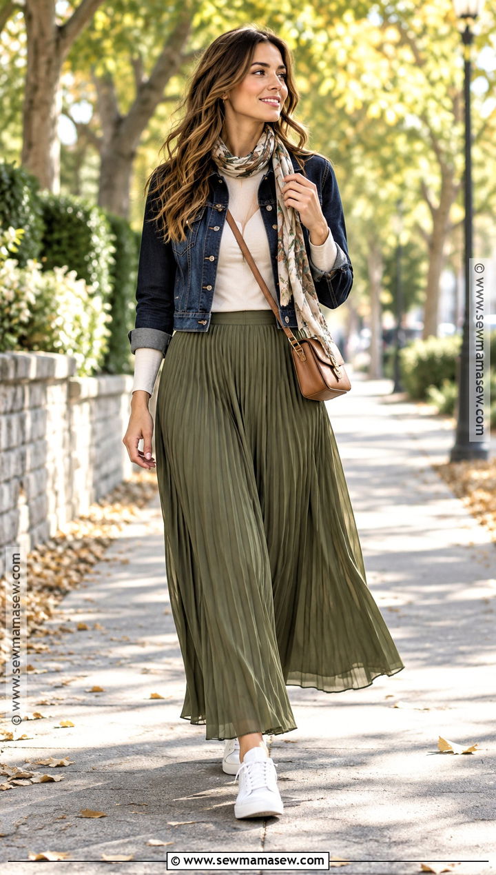 Long Pleated Skirt With Denim Jacket And Sneakers - 15 long pleated skirt outfit fall ideas