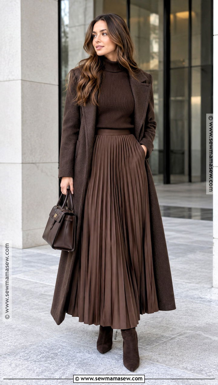 Long Pleated Skirt With Monochrome Sweater And Boots - 15 long pleated skirt outfit fall ideas