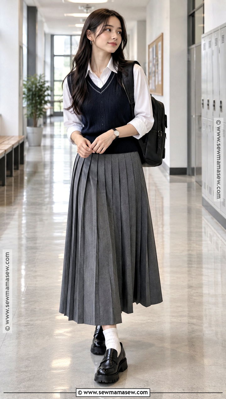 Long Pleated Skirt With Sweater Vest And Loafers - 15 Back To School Skirt Styles
