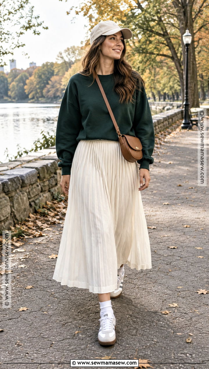Long Pleated Skirt With Sweatshirt And Retro Sneakers - 15 long pleated skirt outfit fall ideas