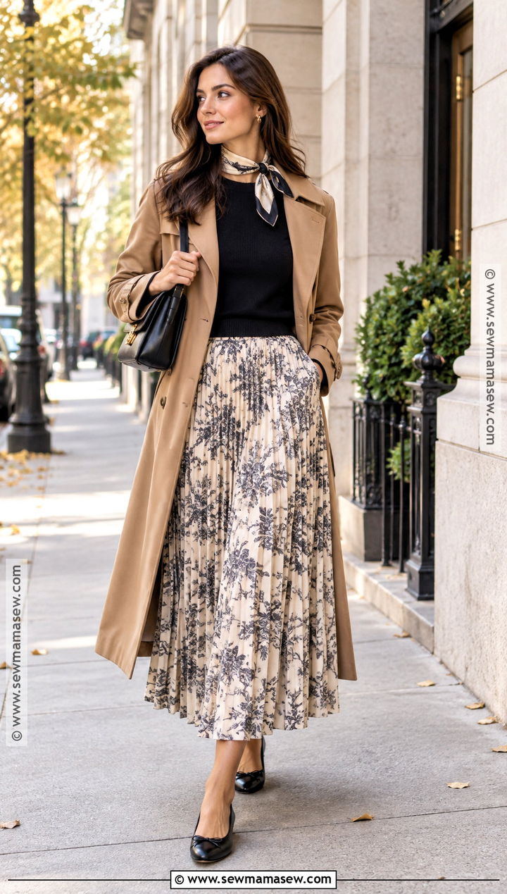 Long Pleated Skirt With Trench Coat And Ballet Flats - 15 long pleated skirt outfit fall ideas