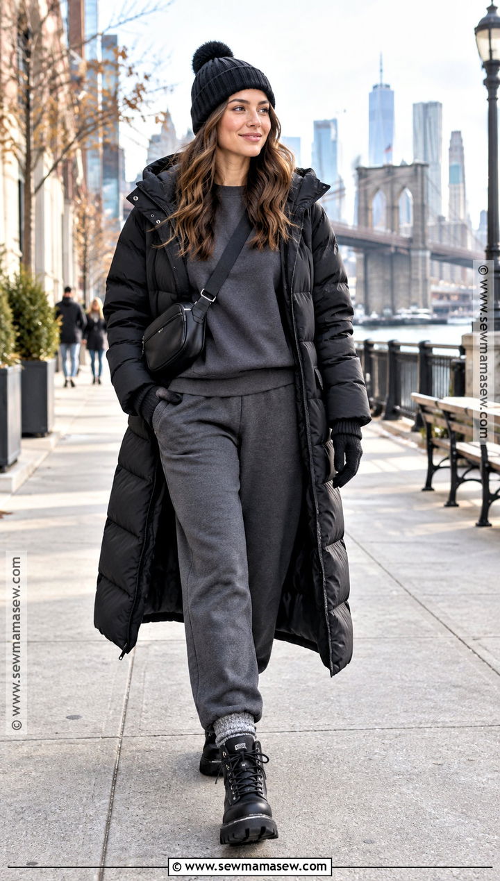 Long Puffer Coat And Matching Sweats NYC Outfit - 20 november nyc outfits