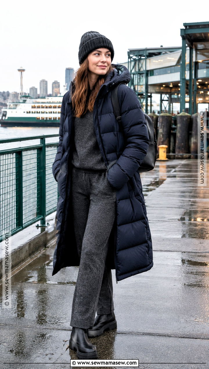 Long Puffer Knit Set And Waterproof Boots Seattle Fall Outfit - 20 Fall Seattle Outfits