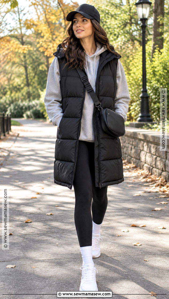 Long Puffer Vest With Hoodie And Leggings - 20 Long Vest Outfit Fall Ideas