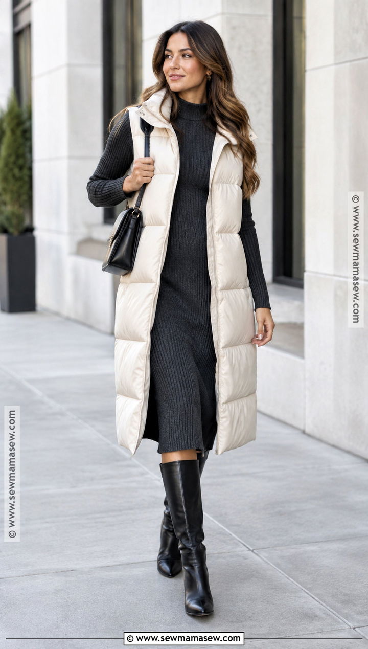 Long Puffer Vest With Knit Dress And Boots - 20 autumn vest outfit ideas