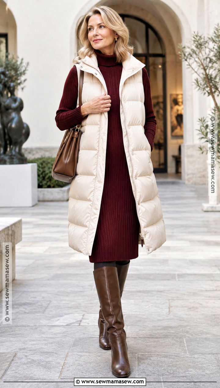 Long Puffer Vest With Knit Dress - 20 fall puffer vest outfits