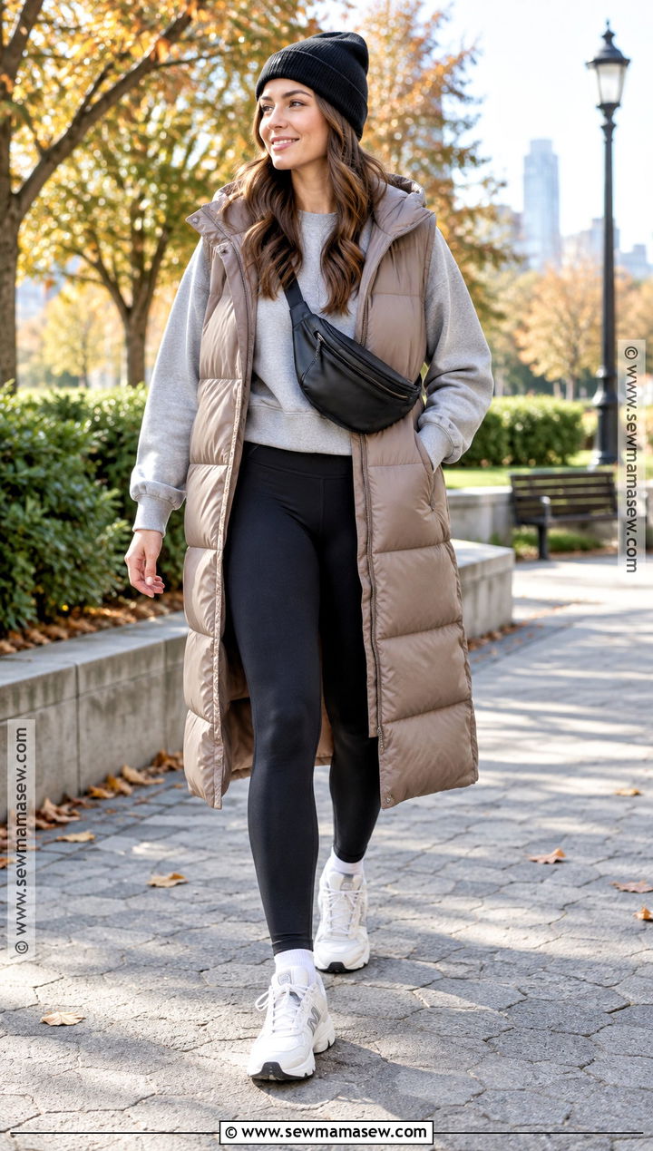 Long Puffer Vest With Sweatshirt And Leggings - 15 casual fall fashion vest ideas