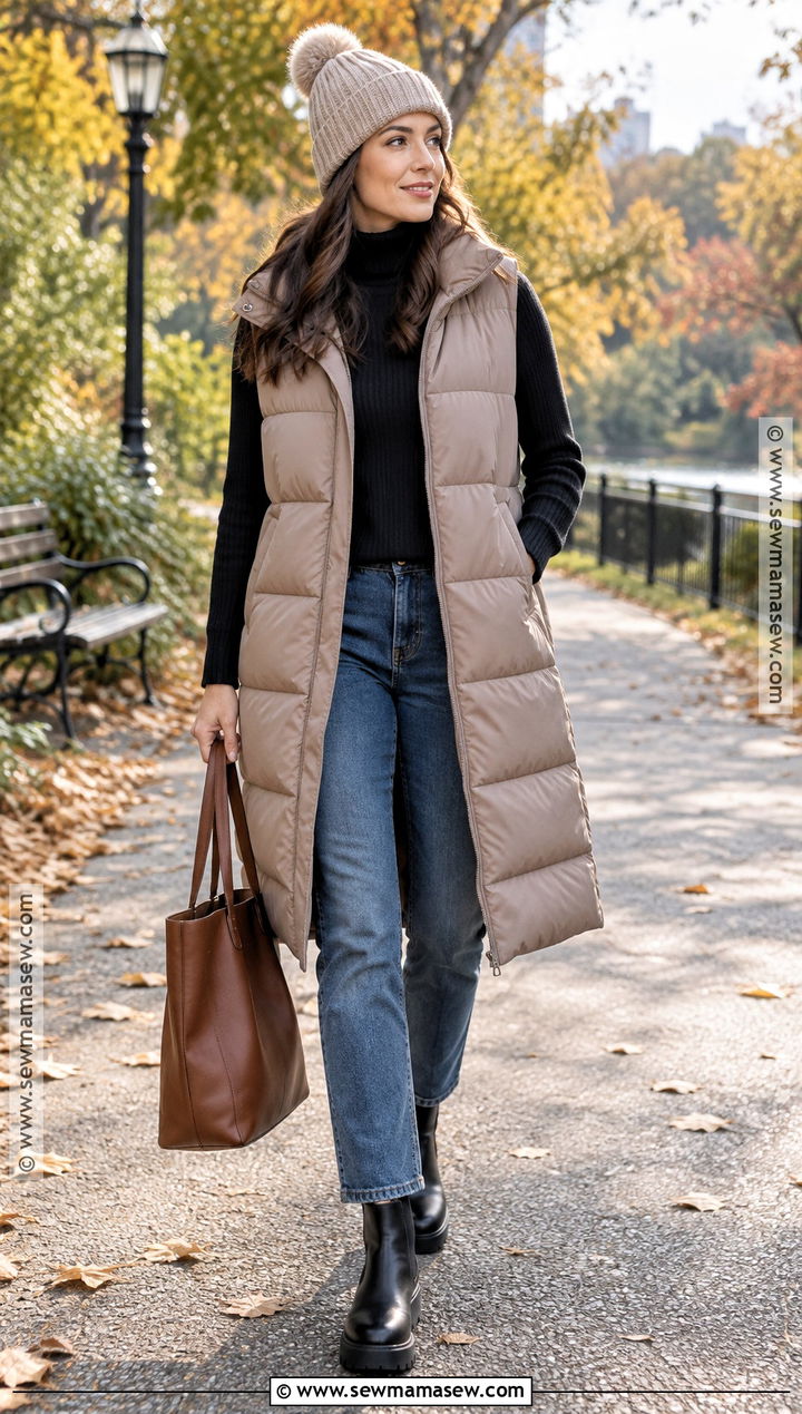 Long Puffer Vest With Turtleneck And Boots - 20 Fall Outfit With Vest Ideas