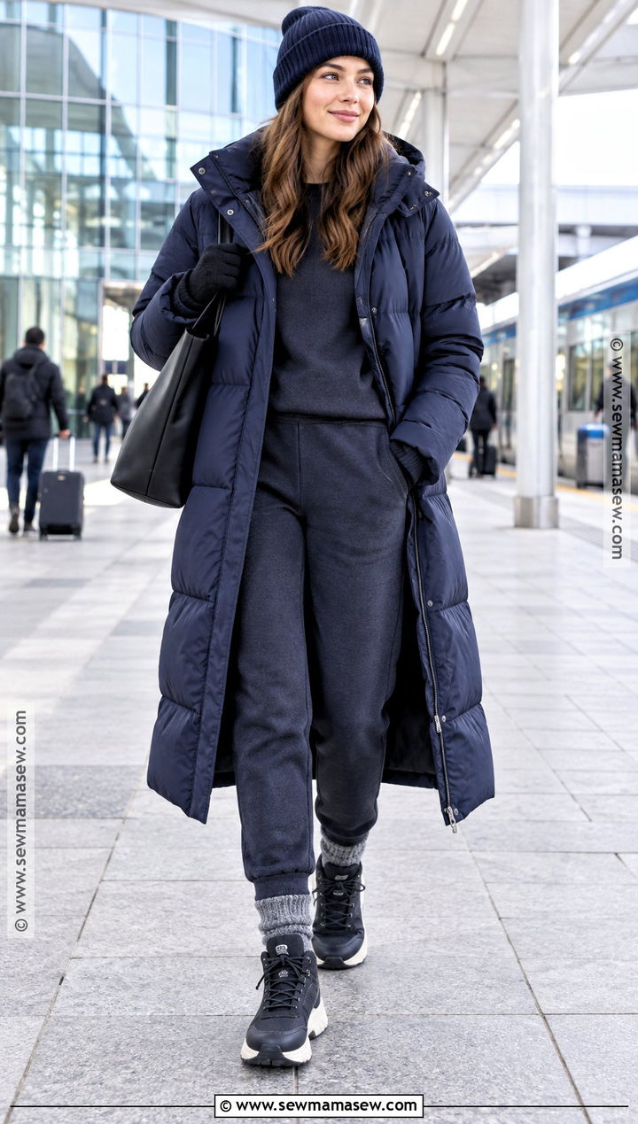 Long Puffer With Sweatshirt And Joggers - 20 30 degree weather outfit fall ideas