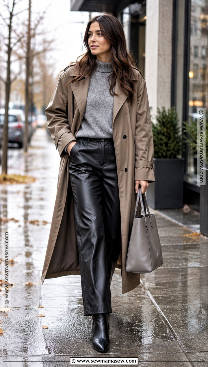 Long Raincoat And Faux Leather Pants Work Outfit - 20 Fall Rainy Day Outfits Work