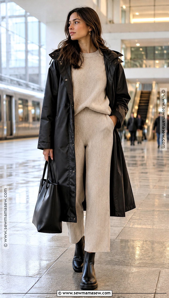 Long Raincoat And Matching Knit Set Autumn Outfit - 20 rainy day autumn outfit ideas