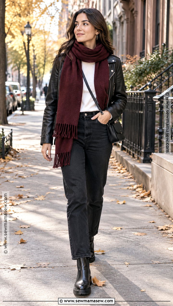 Long Scarf With Leather Jacket And Black Jeans - 15 Fall Outfit Ideas With Scarves
