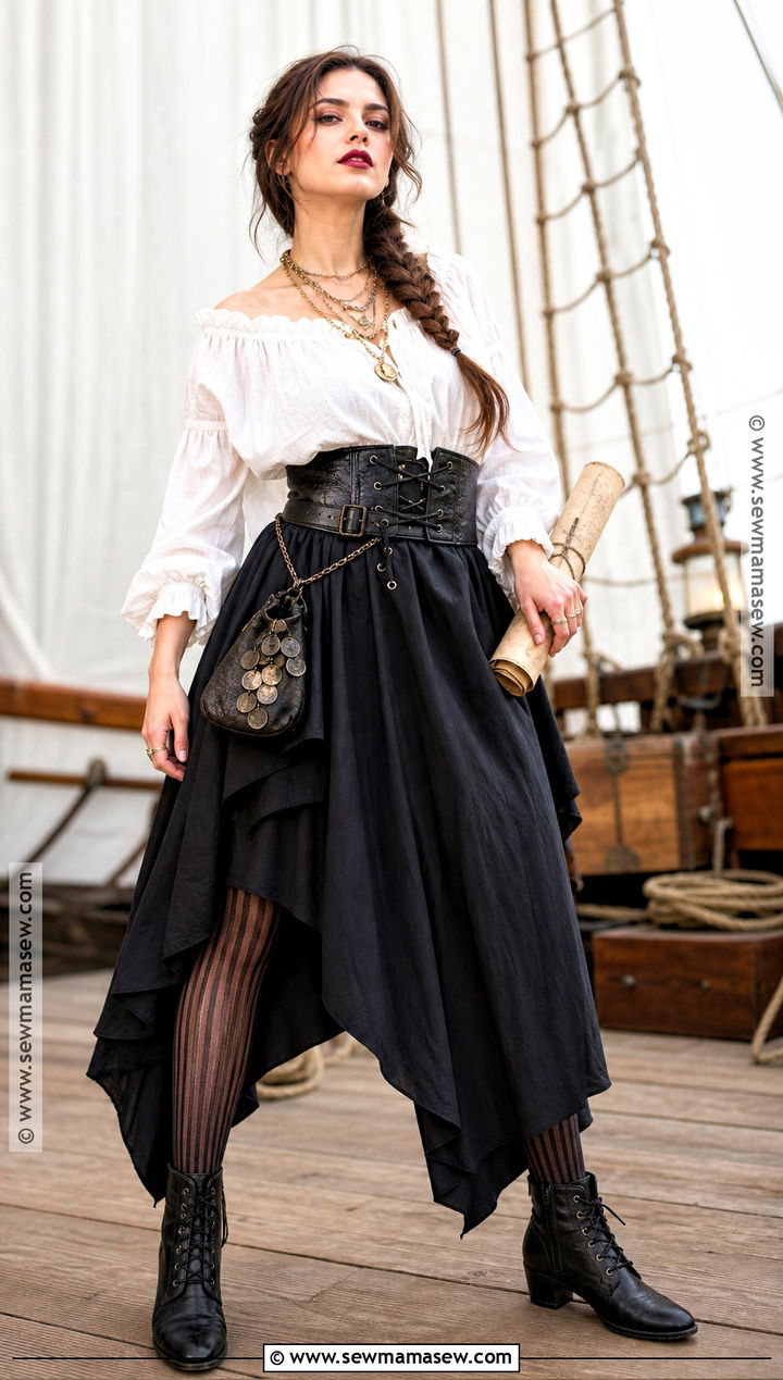 Long Skirt Pirate Costume With Corset Belt - 30 last minute pirate costume ideas