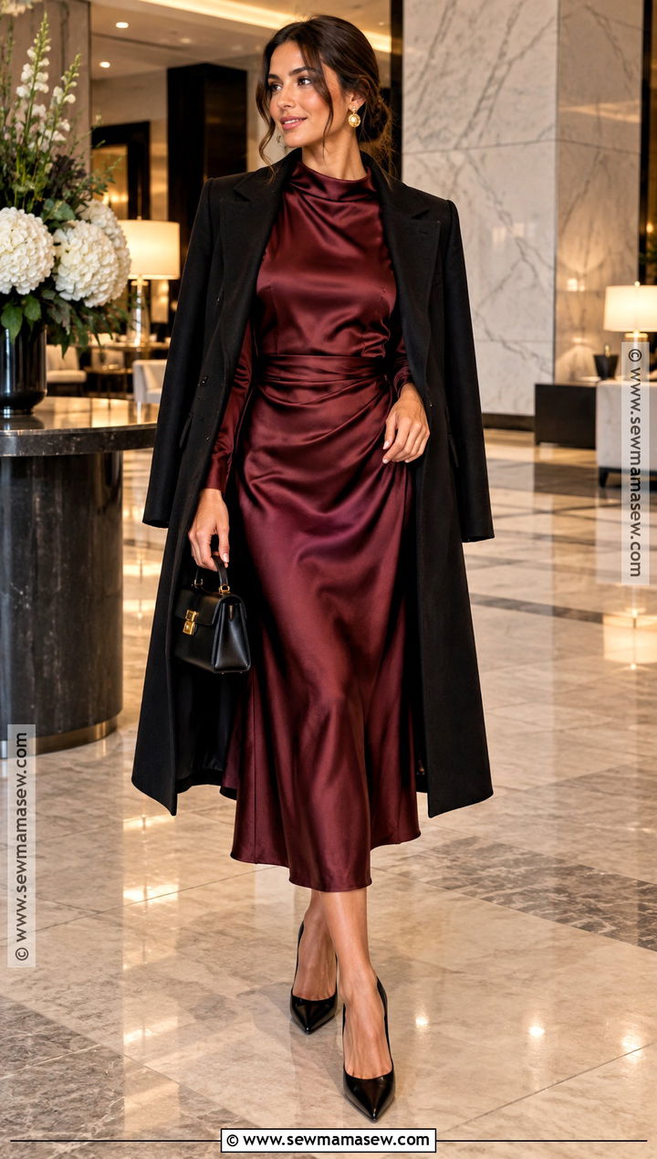 Long Sleeve Burgundy Satin Midi Dress Outfit - 20 long sleeve fall dress ideas