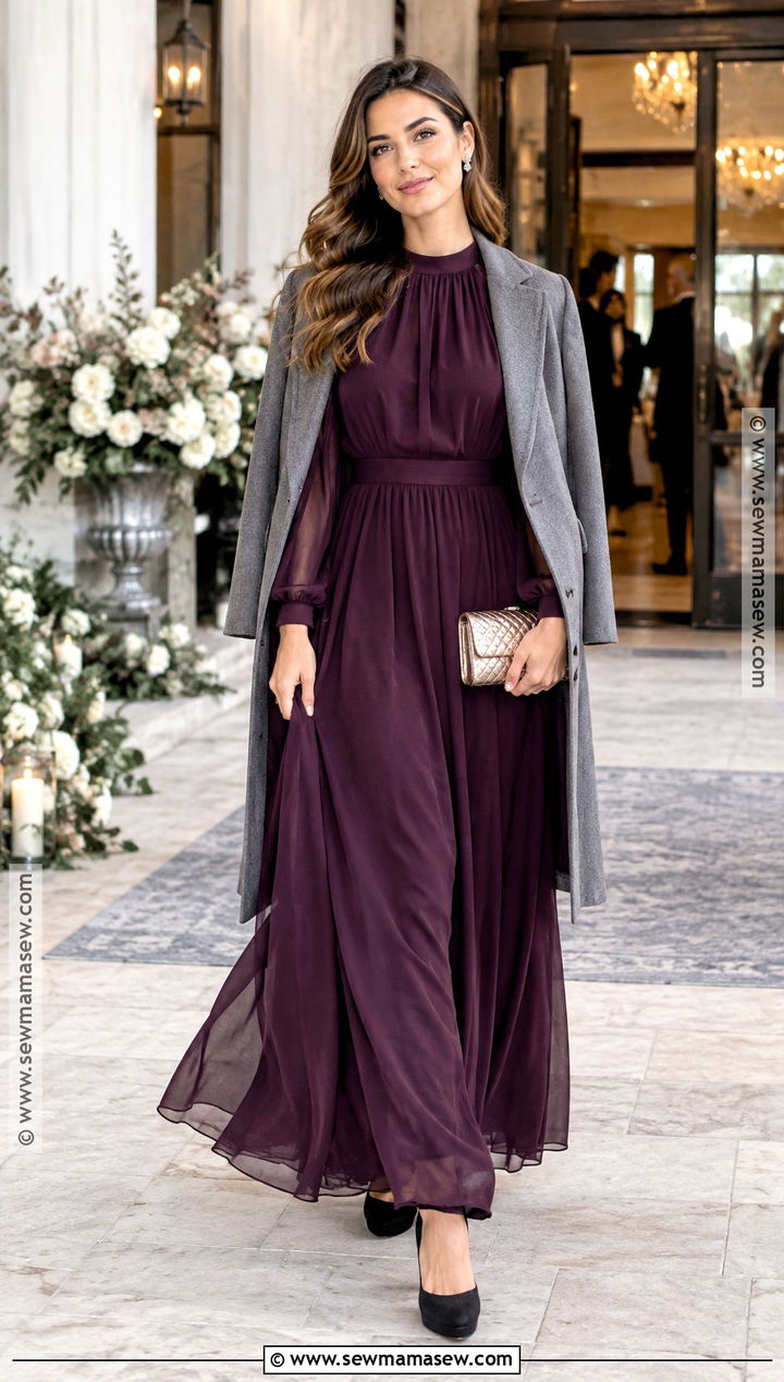 Long Sleeve Chiffon Fall Wedding Guest Dress Outfit - 20 long sleeve fall dress ideas