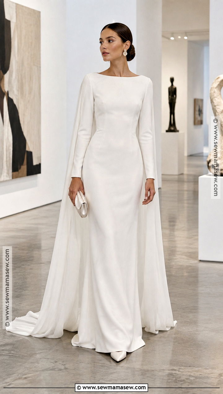 Long Sleeve Crepe Bridal Gown With Cape Veil - 20 fall bridal outfits