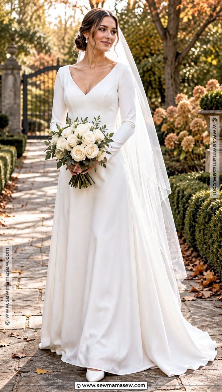 Long Sleeve Crepe Fall Wedding Dress - 15 simple wedding dress fall ideas