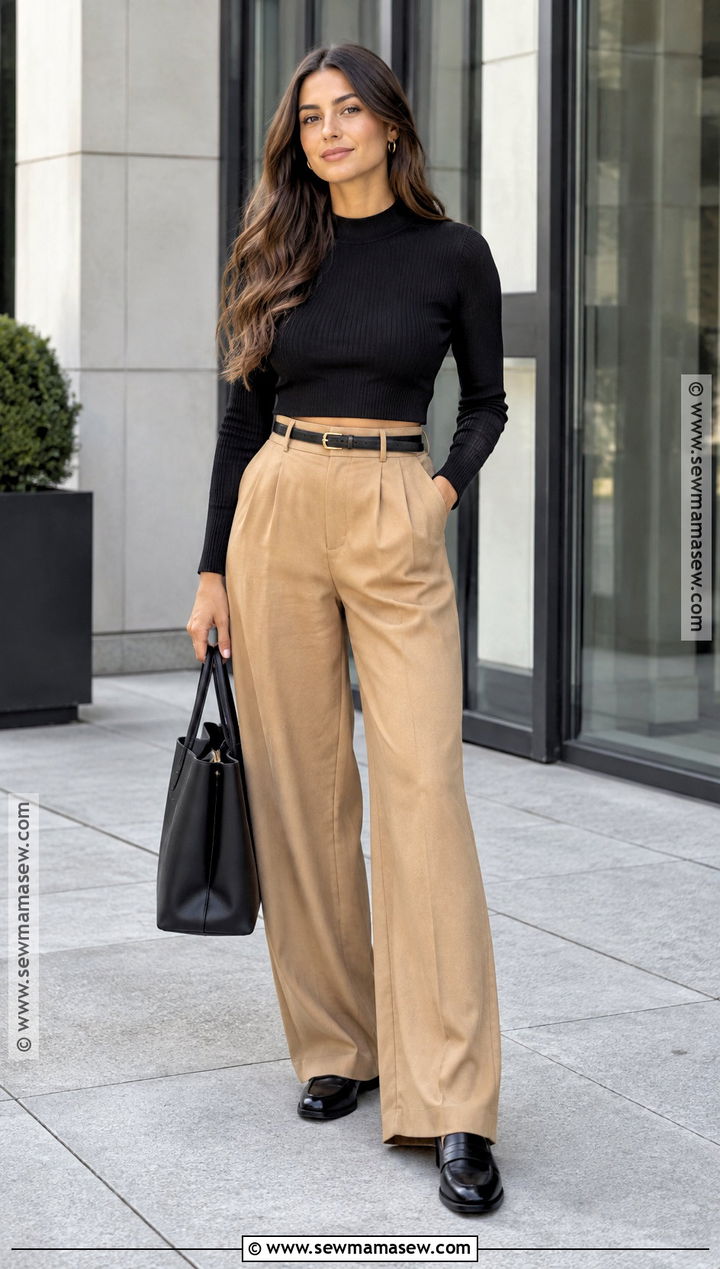 Long Sleeve Crop Top With Wide Leg Trousers - 15 crop top fall fashion ideas