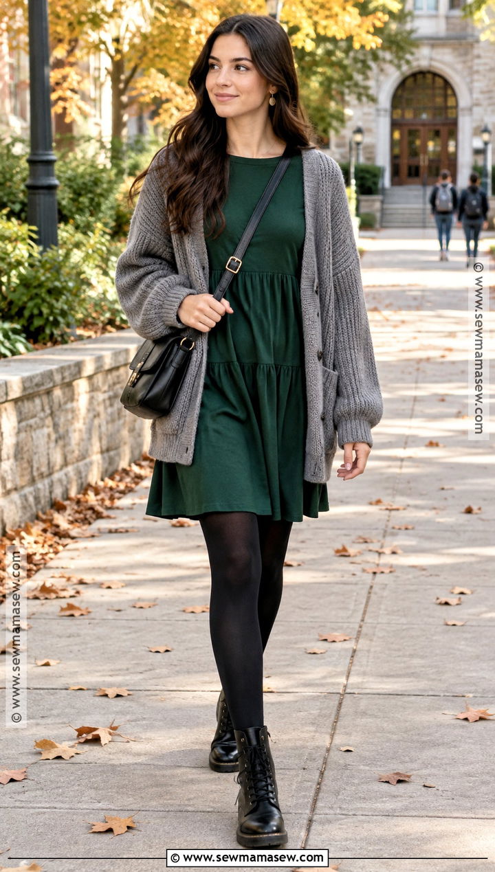 Long Sleeve Dress With Tights And Lace Up Boots - 20 back to school dress ideas