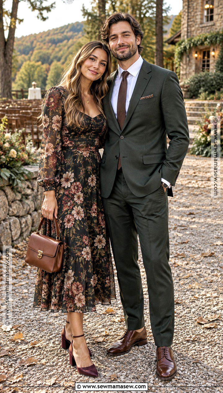 Long Sleeve Floral Dress And Dark Green Suit Fall Wedding Guest Couple Outfit - 20 fall wedding guest couple outfits