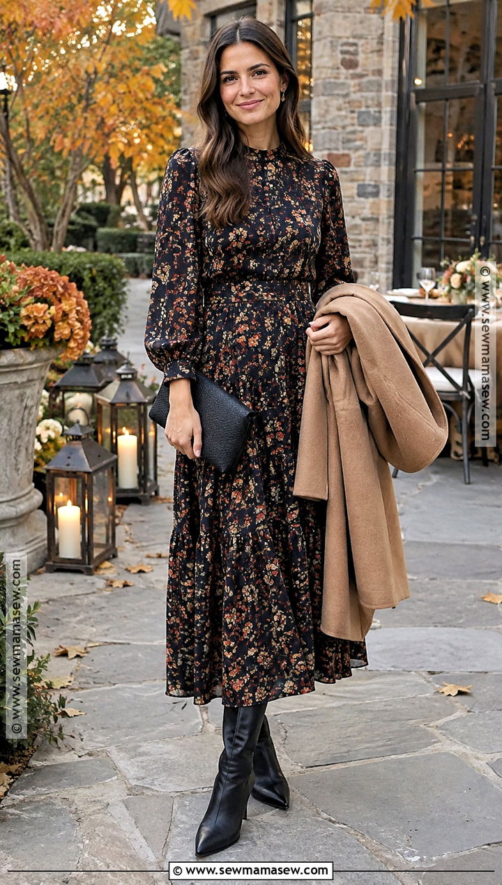 Long Sleeve Floral Dress With Pointed Toe Boots - 20 fall rehearsal dinner outfit ideas