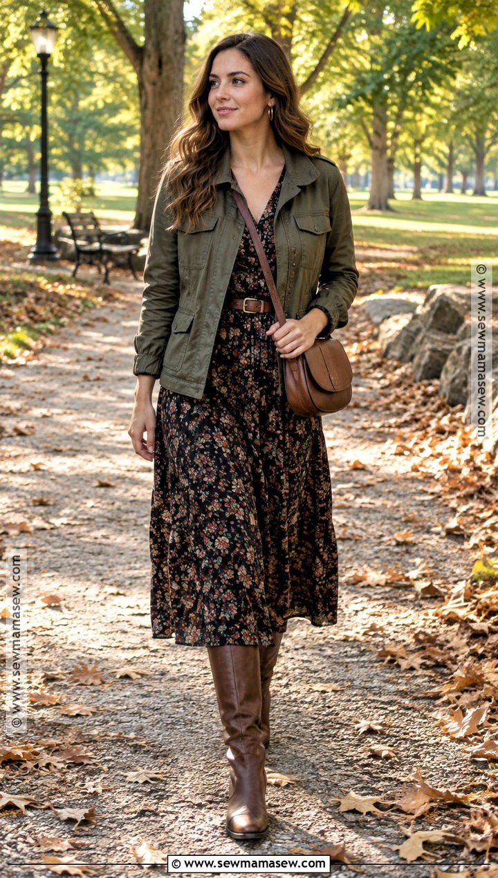 Long Sleeve Floral Dress With Riding Boots - 25 fall dress ideas