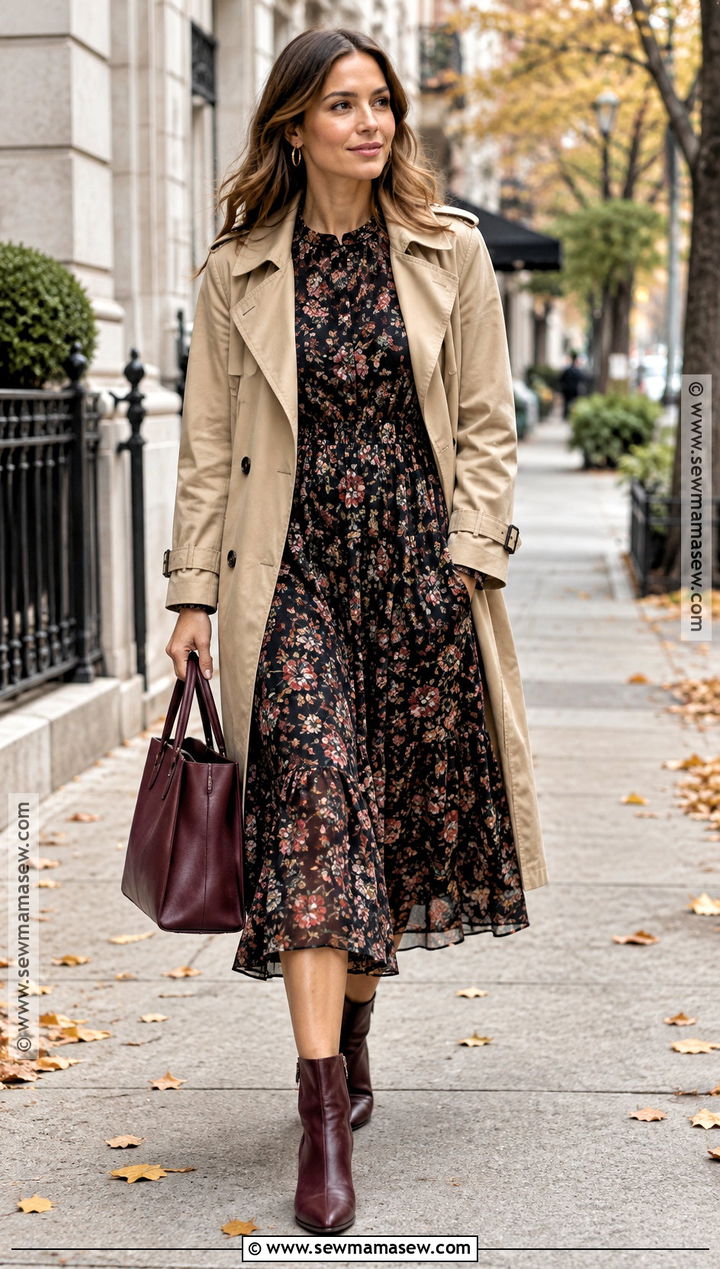 Long Sleeve Floral Dress With Trench Coat - 15 Floral Autumn Dresses