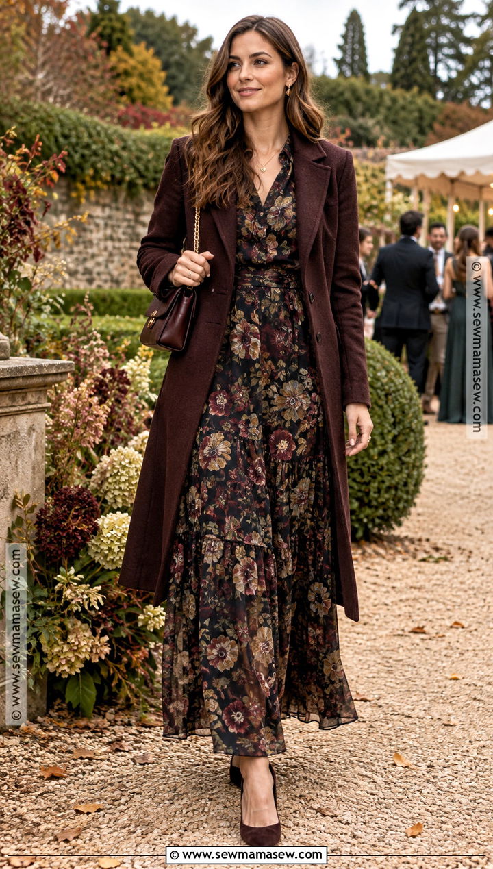 Long Sleeve Floral Maxi Dress Wedding Outfit - 15 fall wedding style ideas