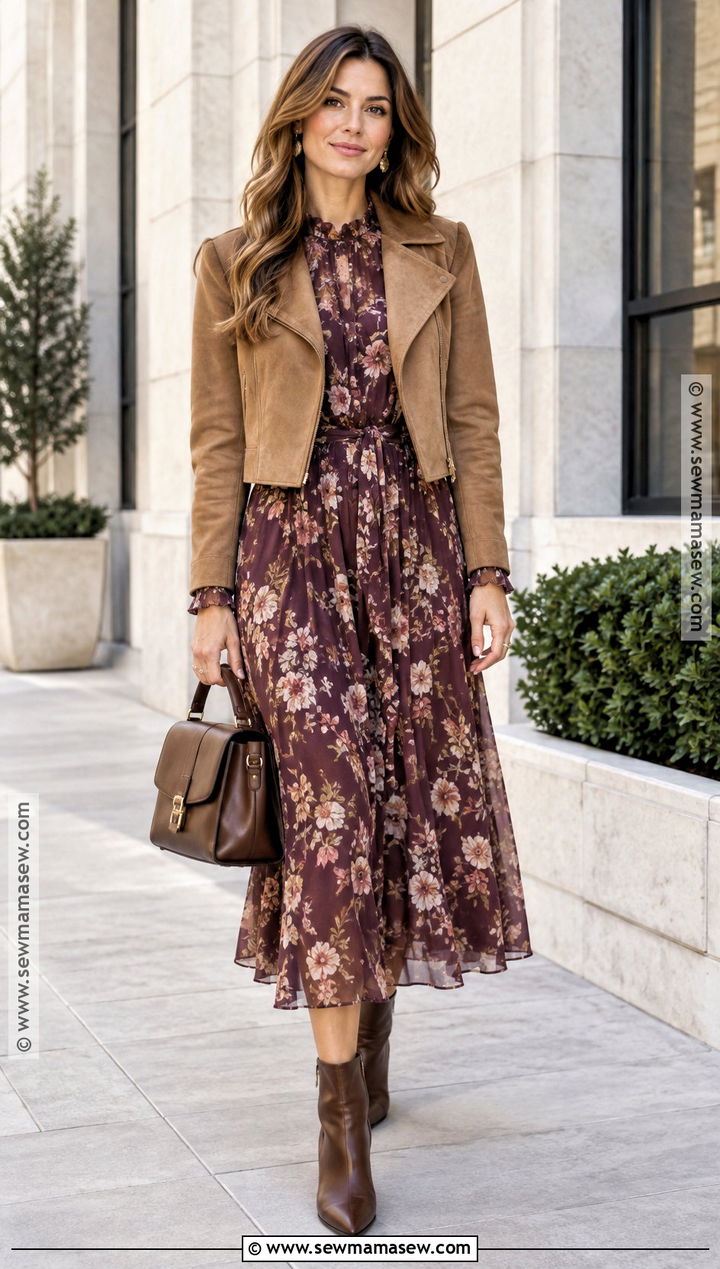 Long Sleeve Floral Midi Dress With Suede Jacket - 15 Fall Floral Dress Outfit Ideas