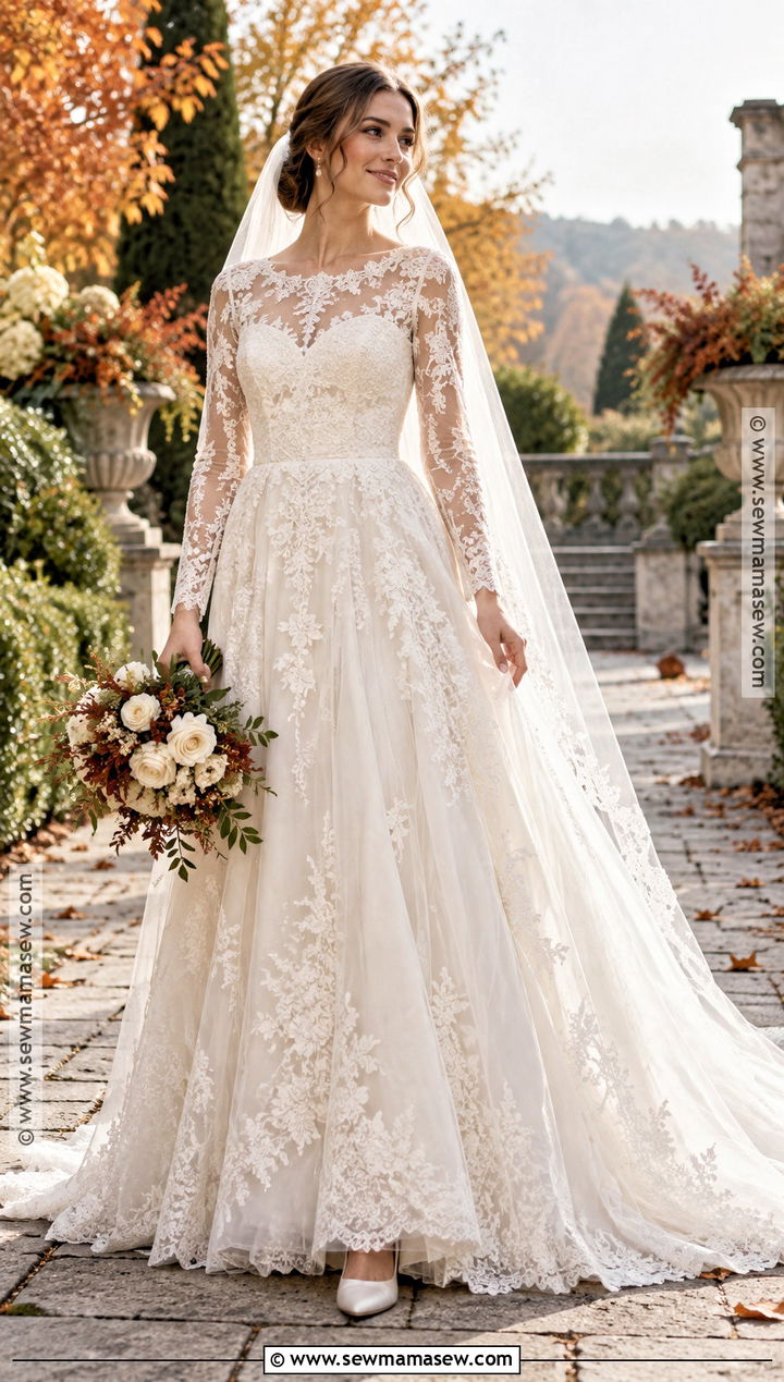 Long Sleeve Lace A Line Wedding Dress - 15 Fall A Line Wedding Dress Ideas