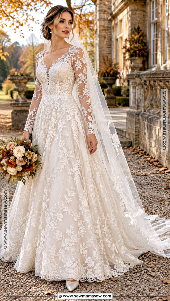 Long Sleeve Lace A Line Wedding Dress - 15 fall lace wedding dress ideas