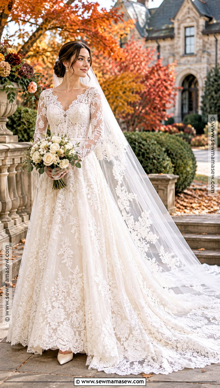 Long Sleeve Lace A Line Wedding Dress - 15 Late Fall Wedding Dress Ideas