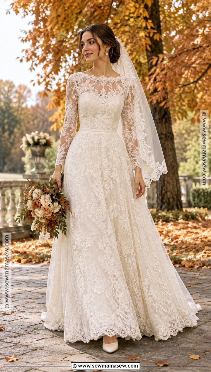 Long Sleeve Lace A Line Wedding Dress - 15 Modest Fall Wedding Dresses