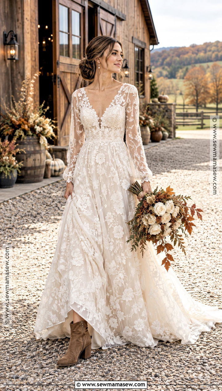 Long Sleeve Lace A Line Wedding Dress - 15 rustic boho fall wedding dress ideas