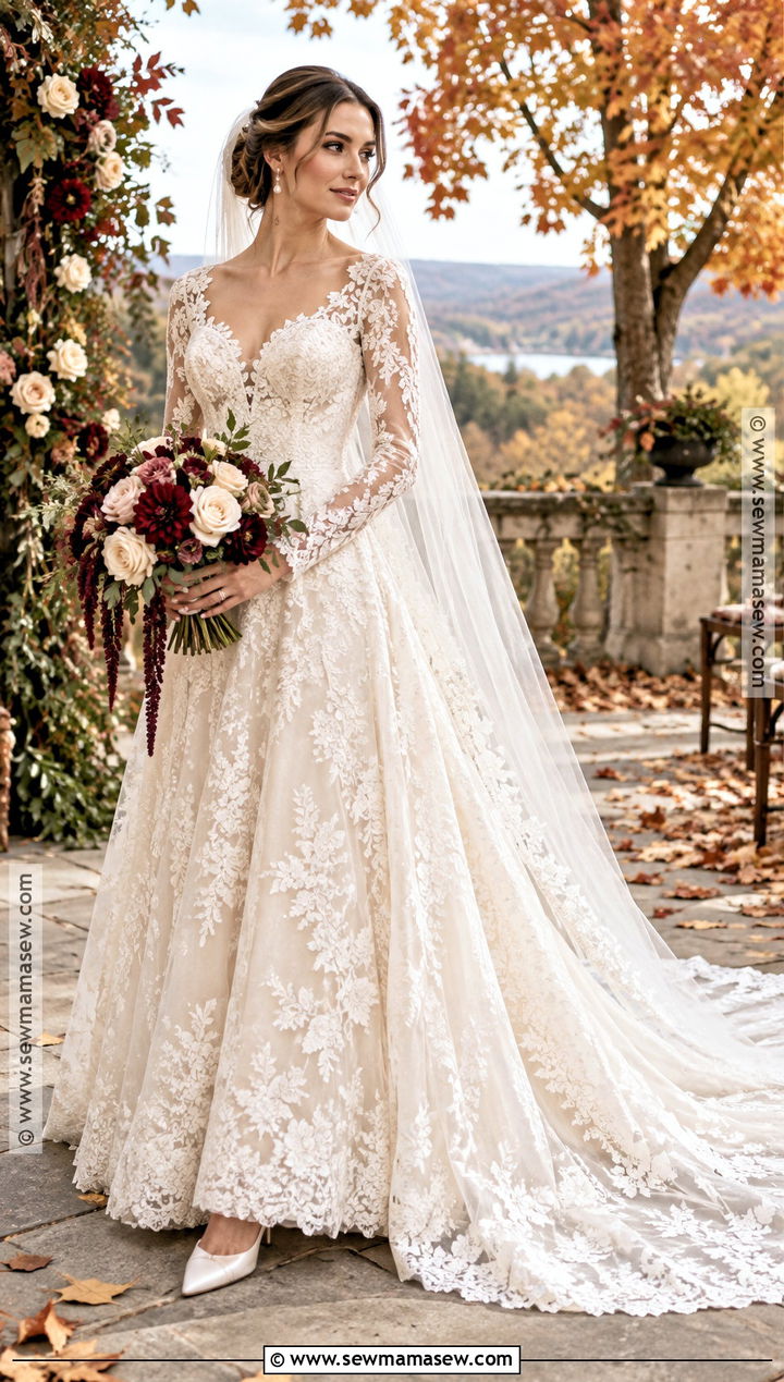 Long Sleeve Lace A Line Wedding Dress - 15 A Line Fall Wedding Dress Ideas