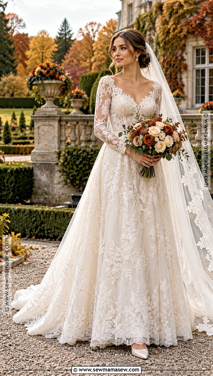 Long Sleeve Lace Autumn Wedding Dress - 20 wedding dress autumn ideas