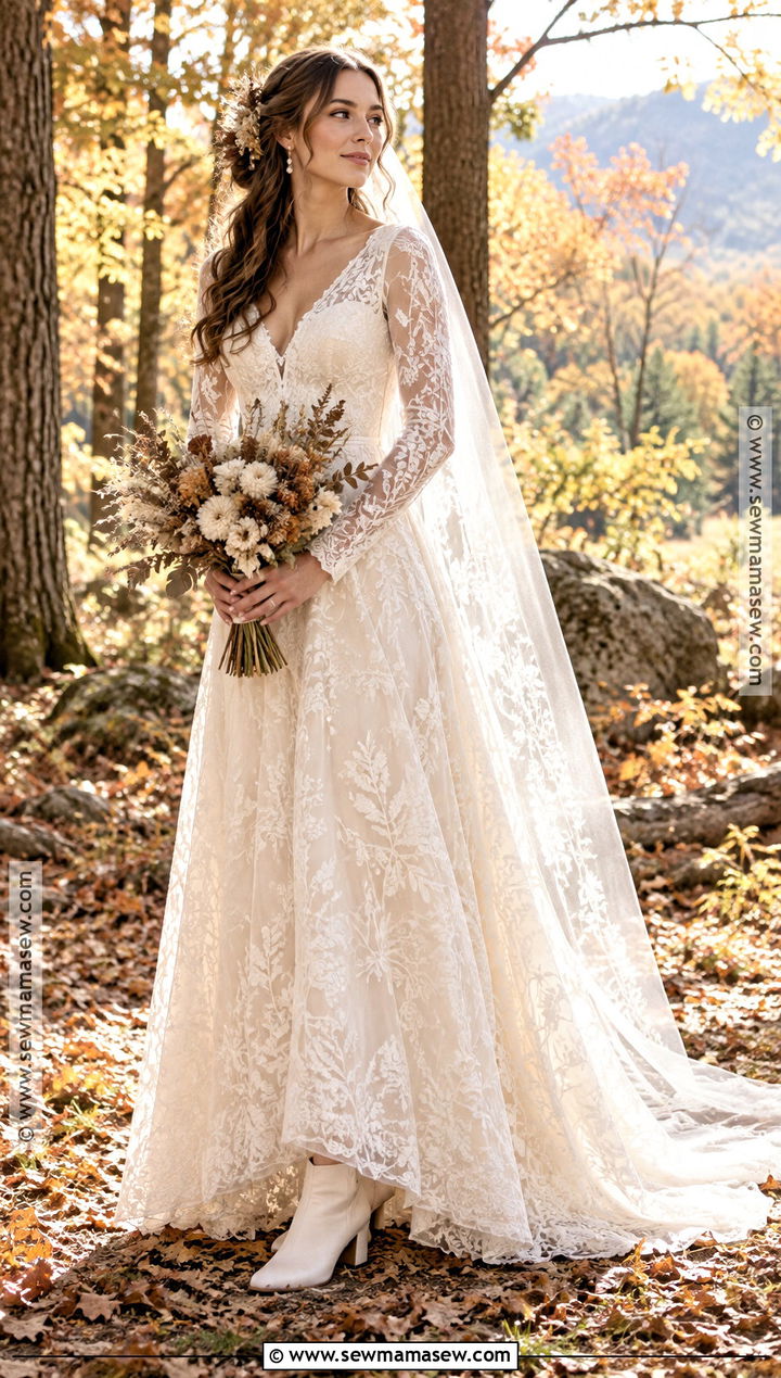 Long Sleeve Lace Boho Autumn Wedding Dress - 15 boho autumn wedding dress ideas