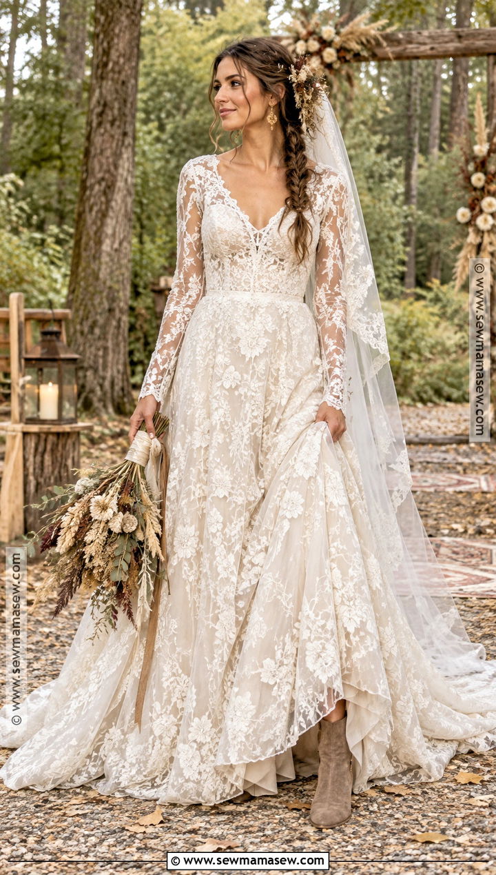 Long Sleeve Lace Boho Wedding Dress - 15 fall boho wedding dress ideas